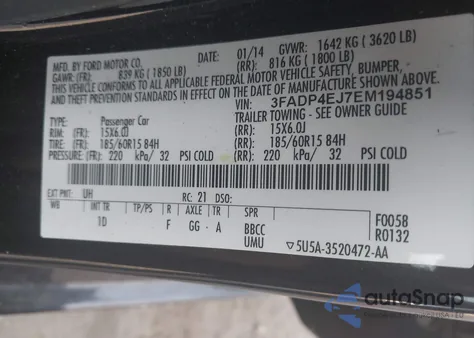 2014 Ford Fiesta Se from USA, damaged, VIN 3FADP4EJ7EM194851